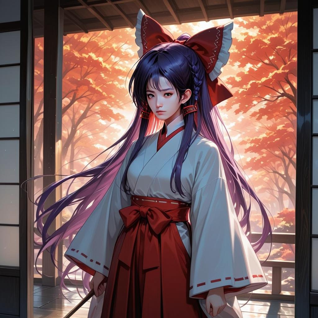 Hakurei Reimu in Traditional Kimono Over Autumn Veranda - Anime Style Illustration
