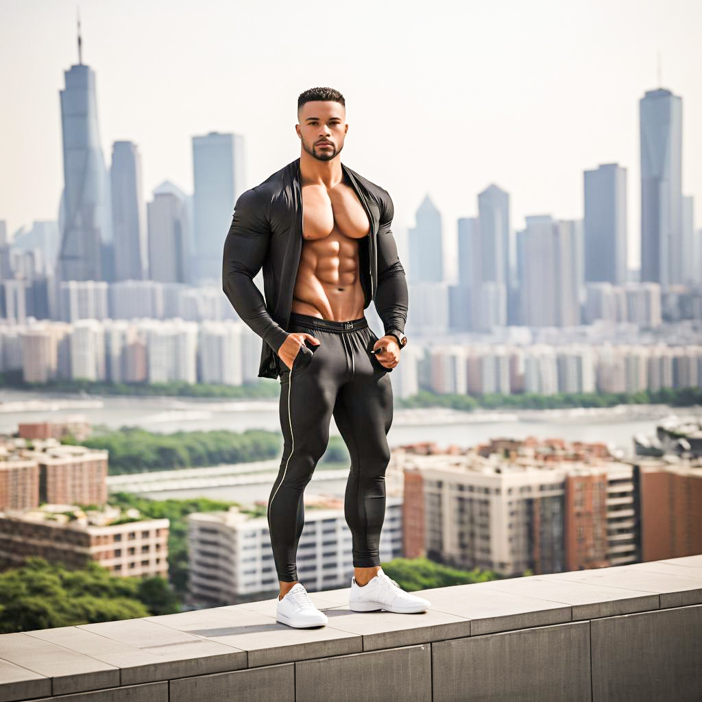 Muscular Man on Rooftop with City Skyline