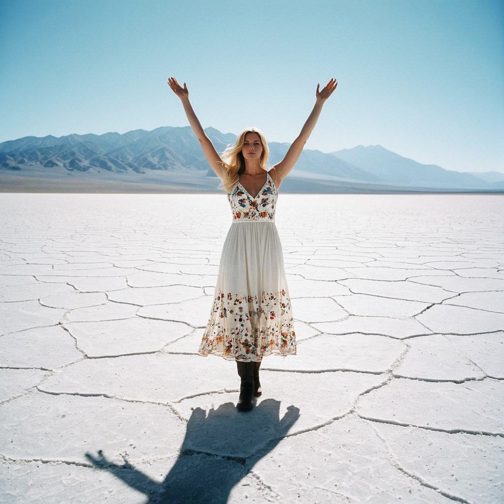 Woman in White Dress in Desert with Mountains