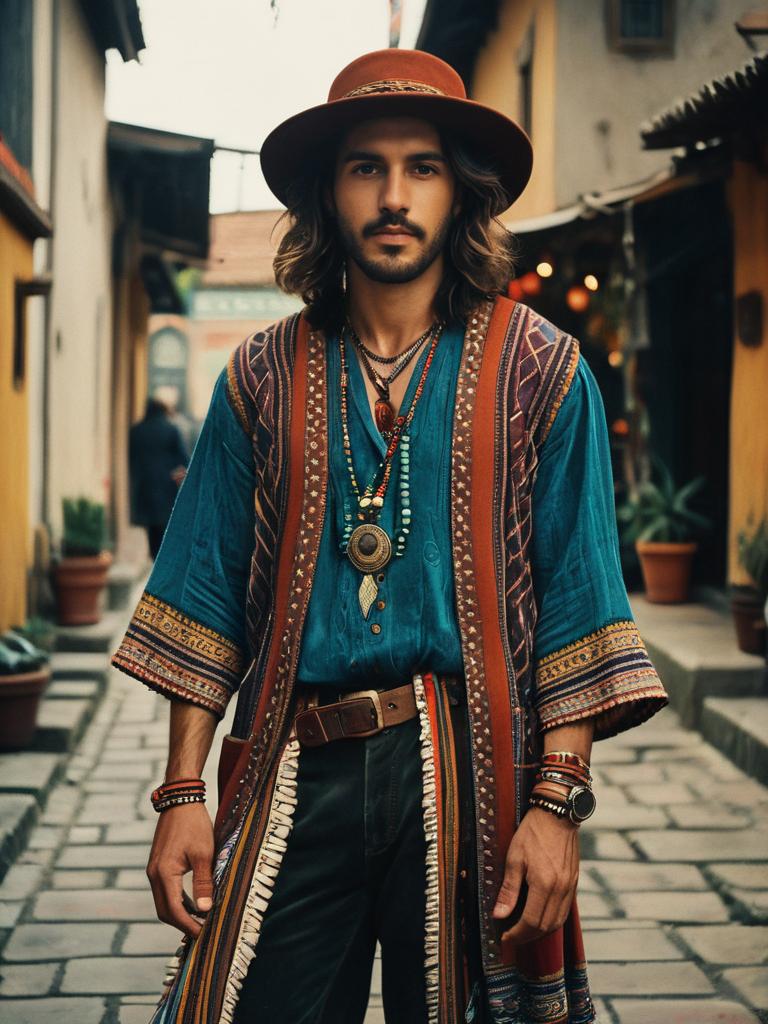 Man in Bohemian Style Outfit with Cinematic Realism on Cobblestone Street