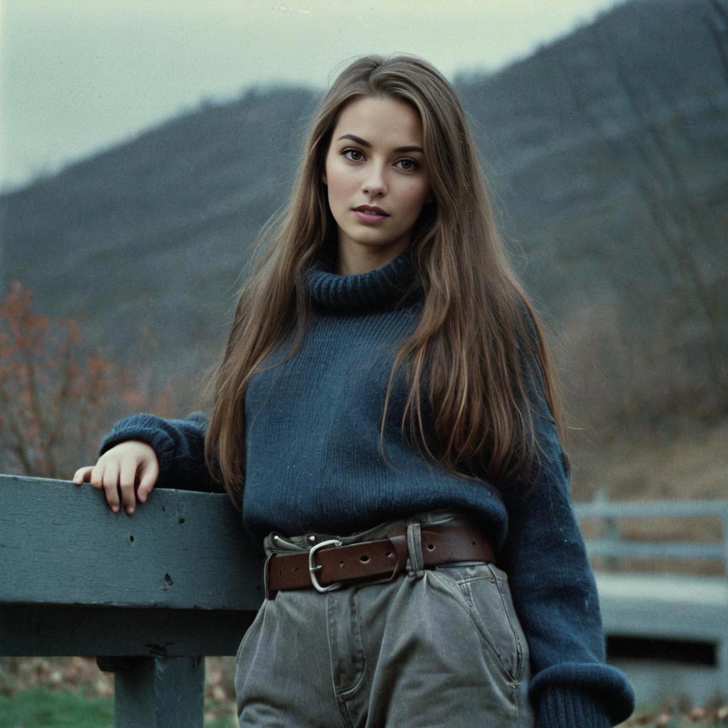 Young Woman in Navy Sweater and High-Waisted Pants Outdoors