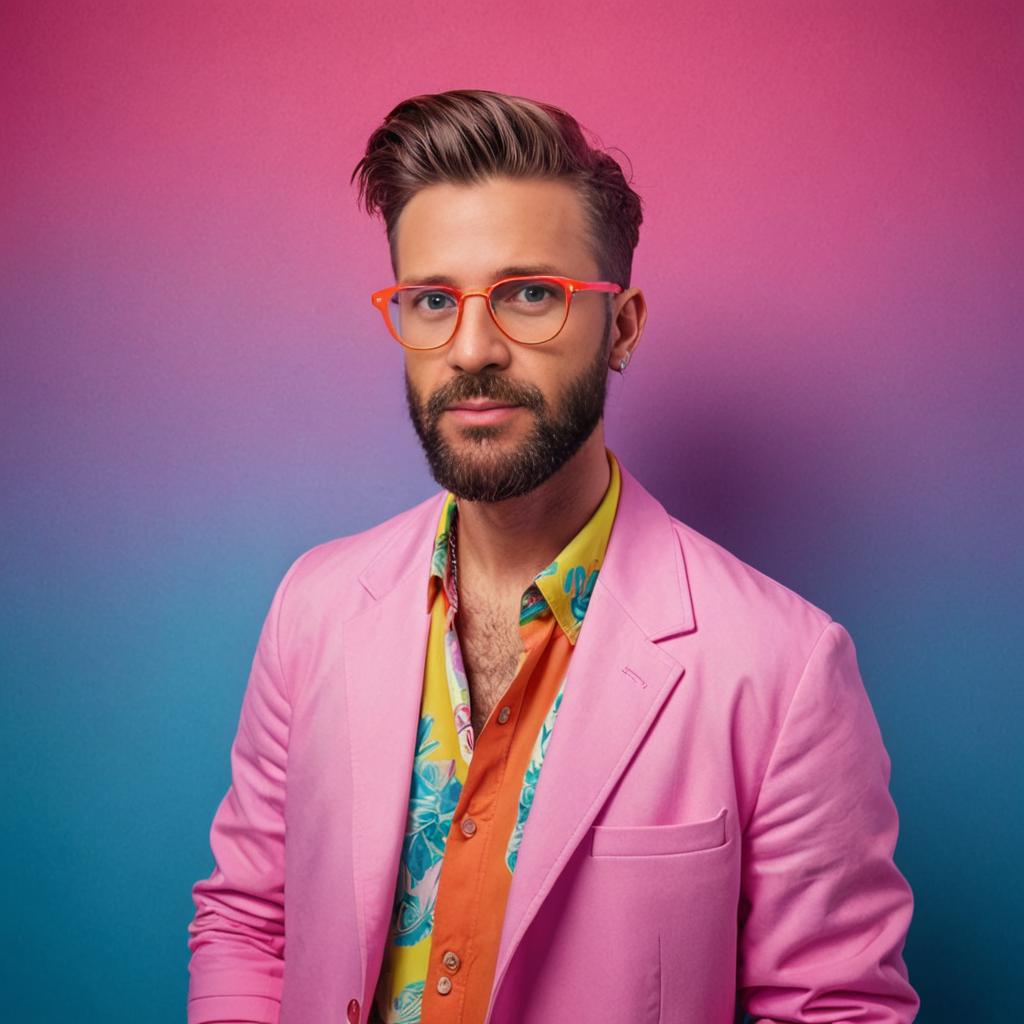 Stylish man with pink blazer and orange glasses