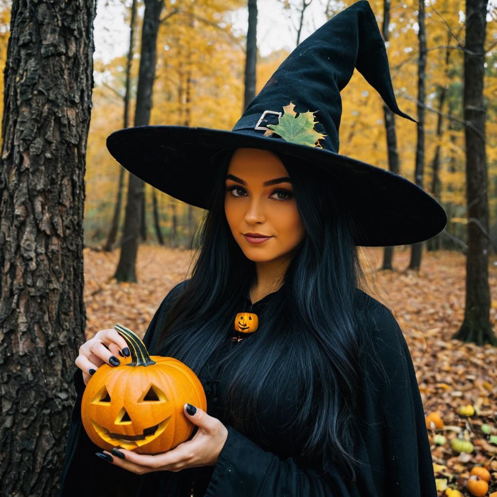 Witch with Jack-o'-lantern in Autumn Forest