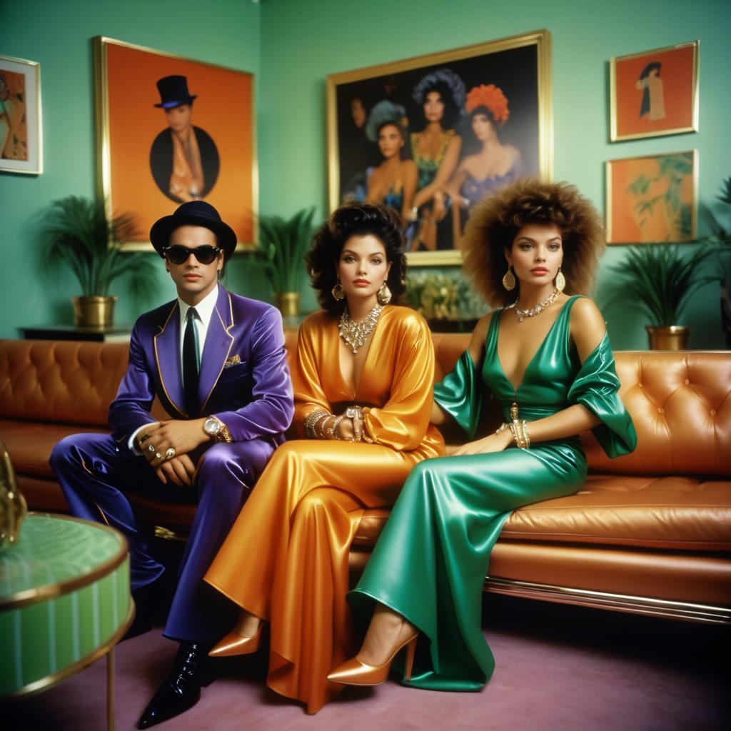 Chic Trio in Vibrant Outfits on Retro Couch