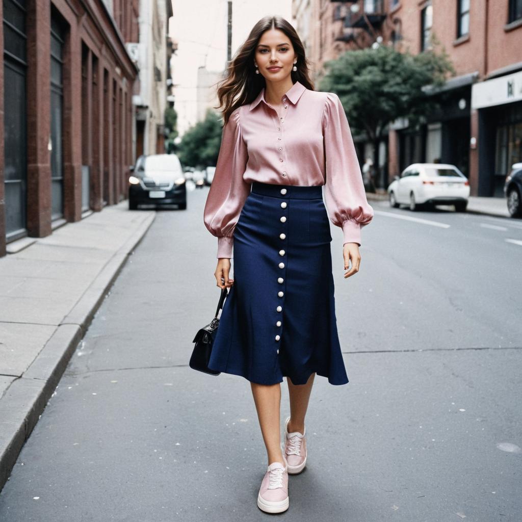 Elegant Woman in Pink Blouse and Navy Blue Skirt Walking on City Street