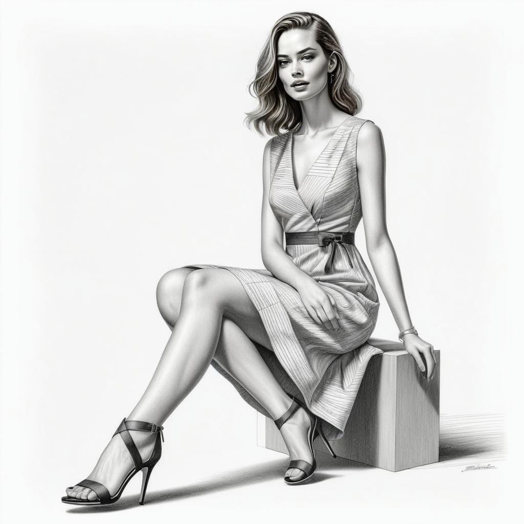 Stylish Woman in Pinstripe Dress Sketch Stylish Woman in Pinstripe Dress Sketch