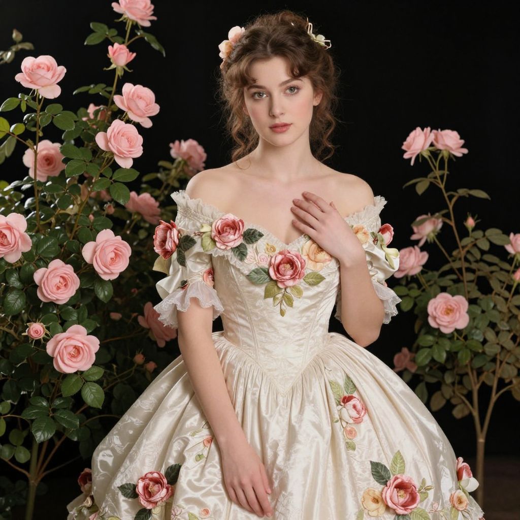 Elegant Vintage Floral Ball Gown with Pink Roses