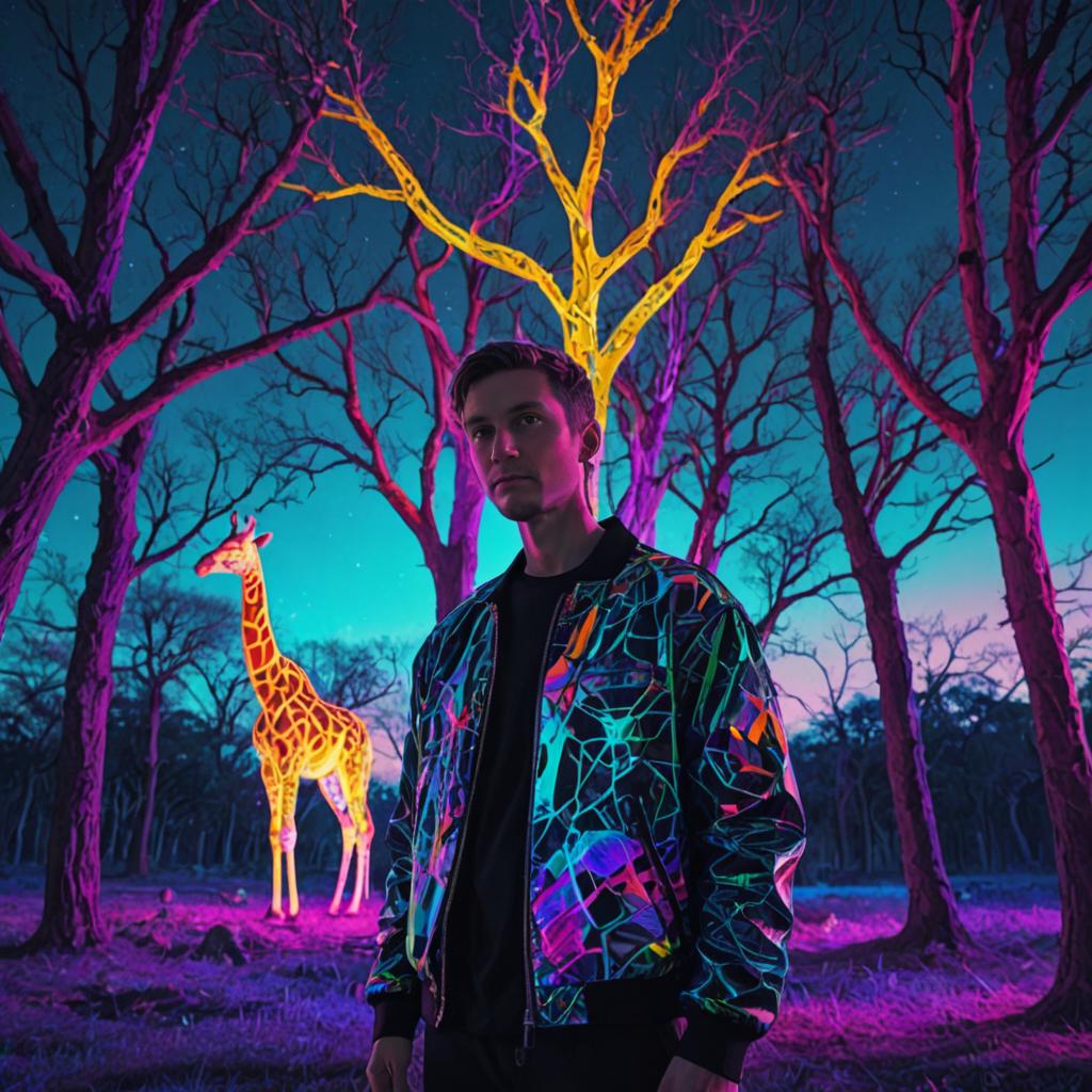 Surreal Forest with Neon Giraffe at Dusk