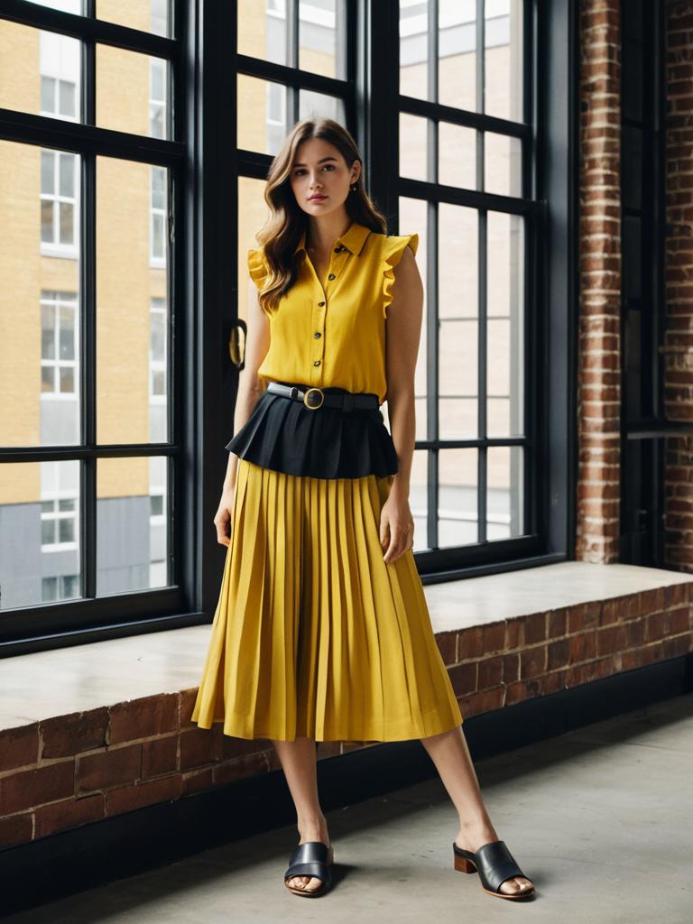 Stylish Woman in Mustard Yellow Pleated Skirt and Blouse in Modern Industrial Space