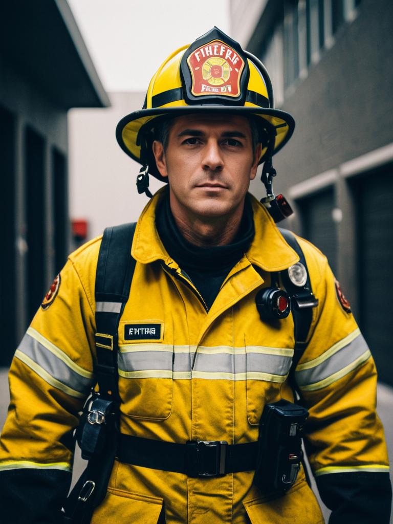Photorealistic Man in Firefighter Costume Cinematic Cosplay Portrait