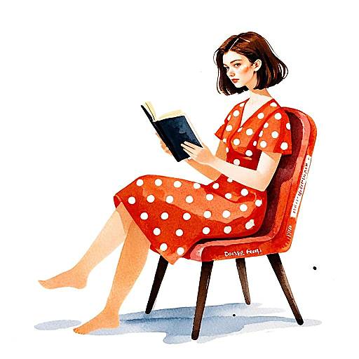 Watercolor Illustration of Woman Reading in Red Polka Dot Dress on Chair