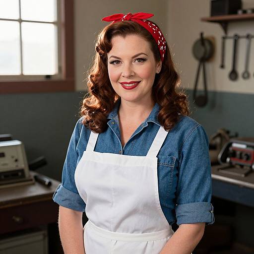 1950s Retro Woman in Vintage Kitchen Wearing Denim and White Apron