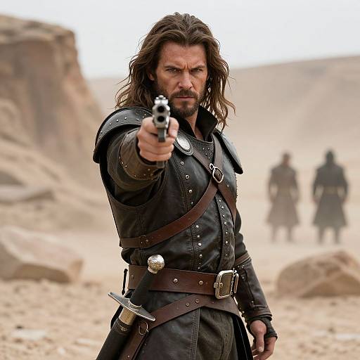 Medieval Fantasy Warrior Pointing Pistol in Desert