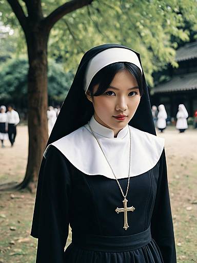 Realistic Asian Woman in Fancy Dress Nun Costume Outdoors
