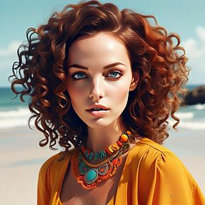 Portrait of a Woman with Curly Auburn Hair and Blue Eyes
