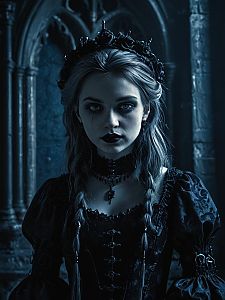 Gothic Woman in Medieval Stone Hall with Dark Crown and Dramatic Makeup