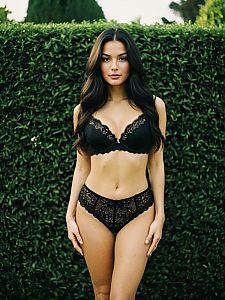 Elegant Woman in Black Lace Lingerie Outdoors with Green Hedge