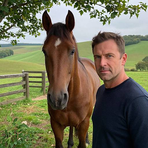Man Standing With Brown Horse in Green Countryside