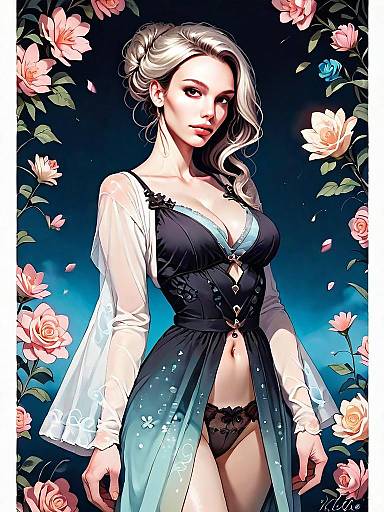 Elegant Woman in Sheer Black Chiffon Lace Robe with Floral Background