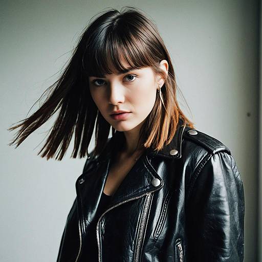 Young Woman in Black Leather Jacket with Edgy Style