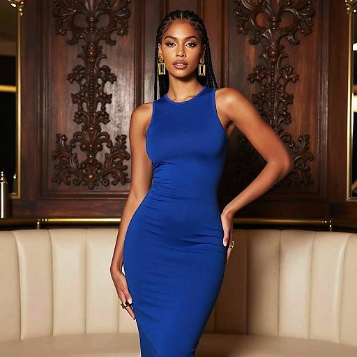 Elegant Woman in Royal Blue Dress with Braided Hair and Gold Earrings