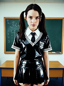Young Woman in Shiny Black Latex Schoolgirl Uniform in Classroom
