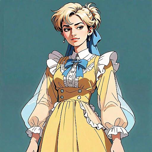 Anime Style Vintage Woman in Yellow Dress with Blue Bow