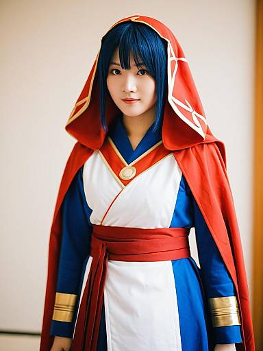 Cosplay Woman in Fantasy Blue and Red Hooded Costume