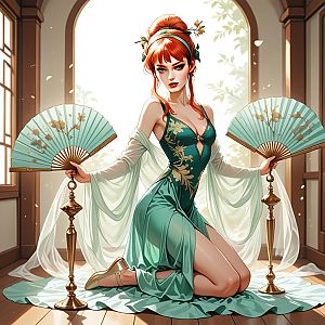 Graceful Woman with Red Hair in Elegant Green Dress