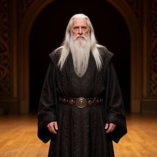 Elderly Man in Medieval Black Robe with Long White Beard in Fantasy Setting