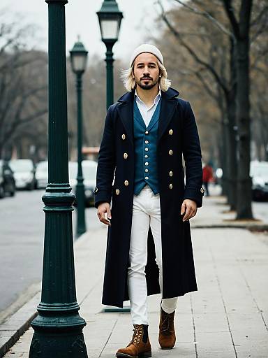 Stylish Lin-Manuel Miranda Inspired Costume Walk Outdoors on City Sidewalk