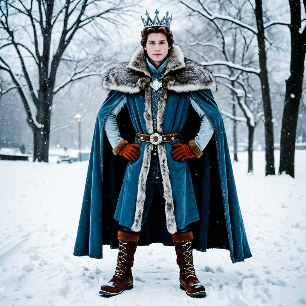 Man in Regal Blue Cape in Snowy Forest