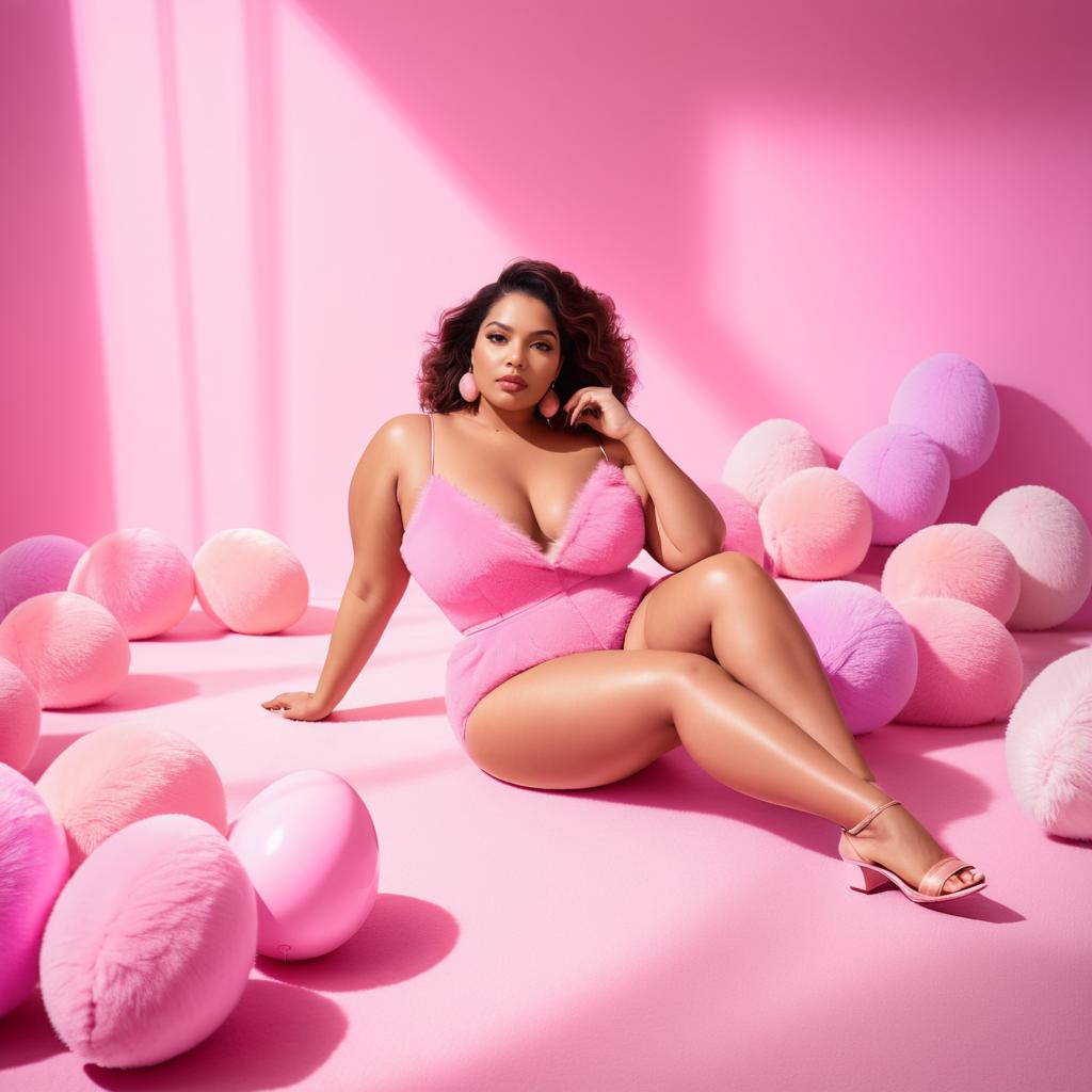 Confident Woman in Pink Setting with Fluffy Spheres