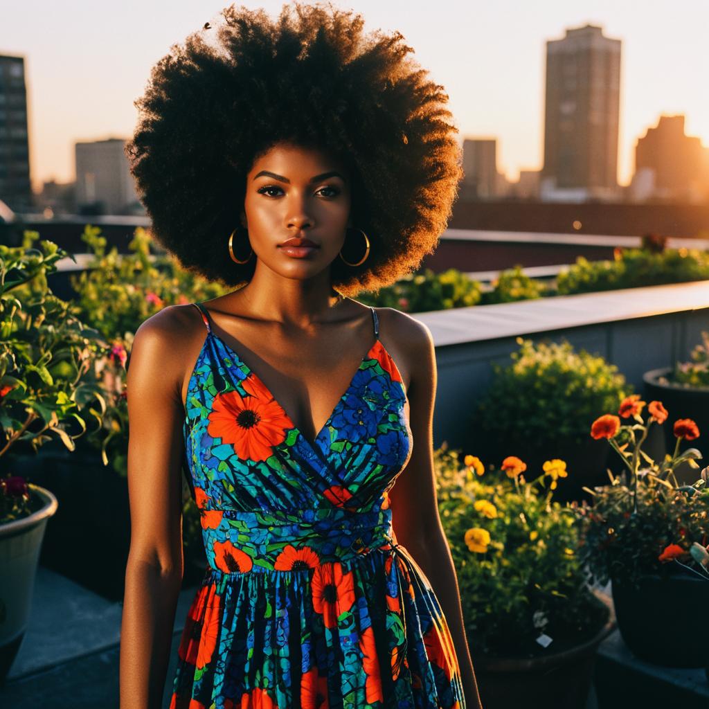 Woman in Vibrant Floral Dress with Afro Hairstyle on Rooftop Garden at Sunset