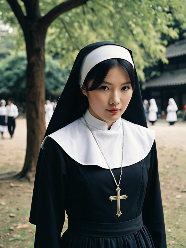 Realistic Asian Woman in Fancy Dress Nun Costume Outdoors