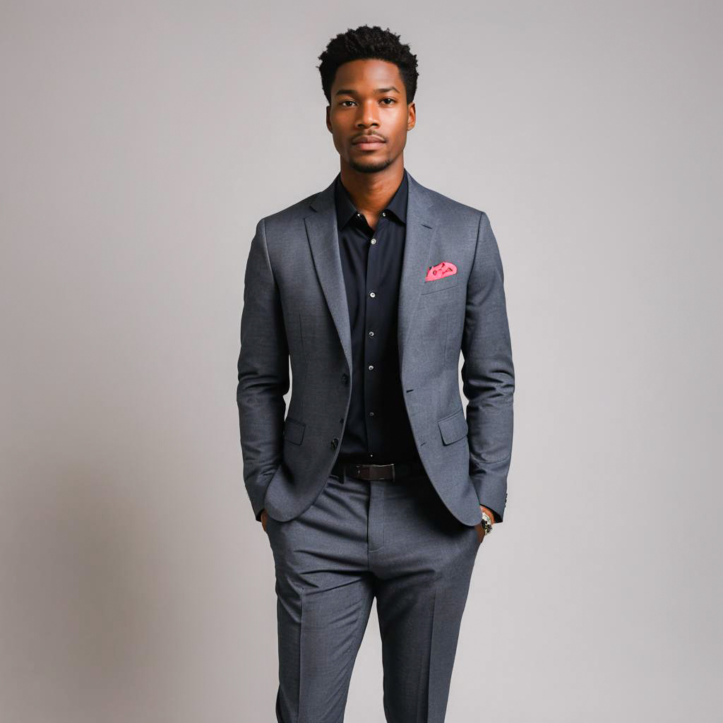 Stylish Man in Grey Suit with Pink Pocket Square