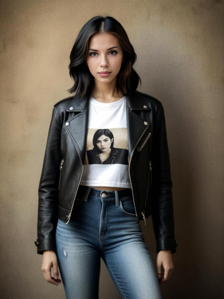 Confident Young Woman in Leather Jacket and Jeans