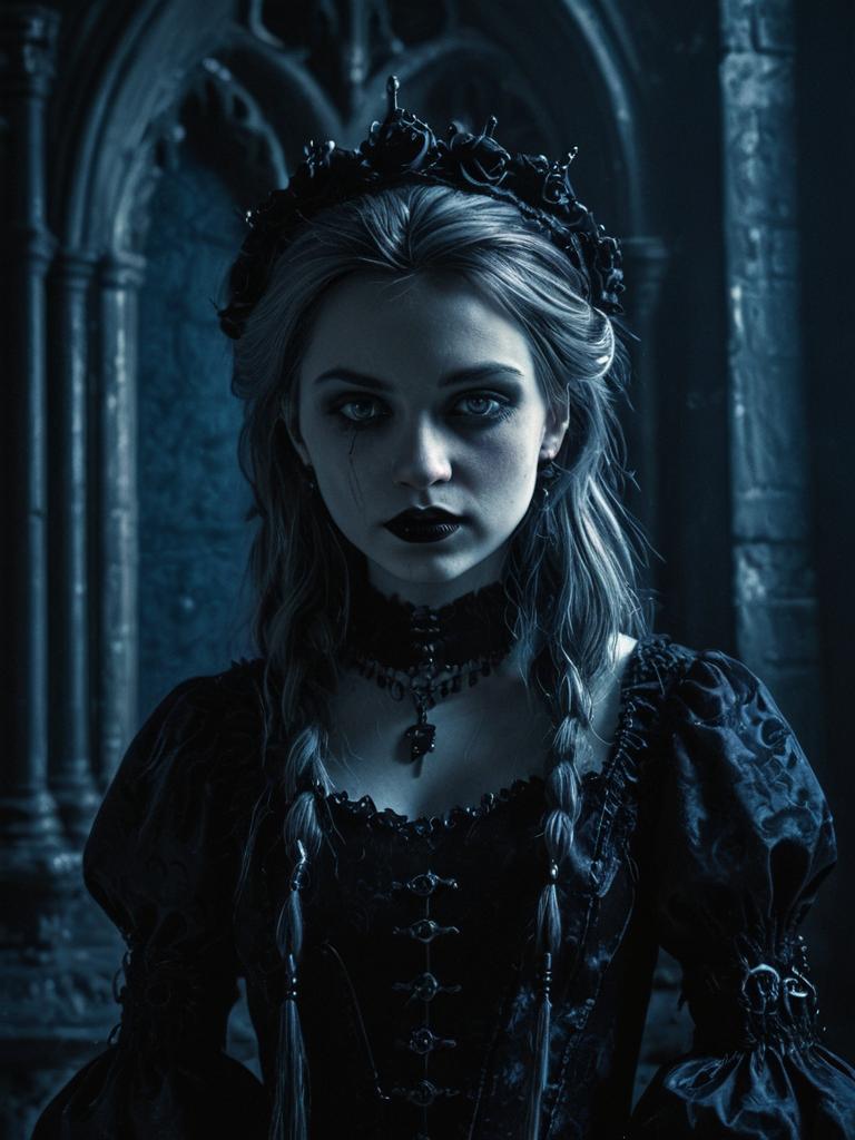 Gothic Woman in Medieval Stone Hall with Dark Crown and Dramatic Makeup
