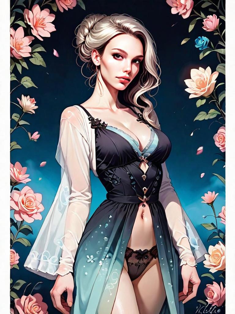 Elegant Woman in Sheer Black Chiffon Lace Robe with Floral Background