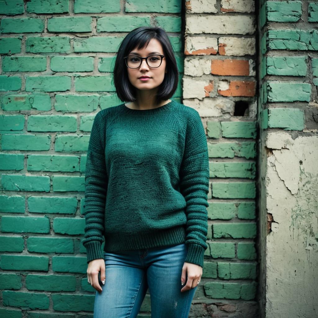 Young Woman in Green Sweater Posing by Green Brick Wall