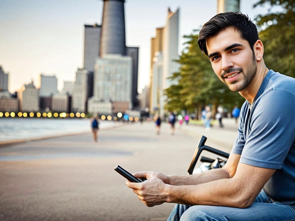 Young man on waterfront with smartphone at sunset