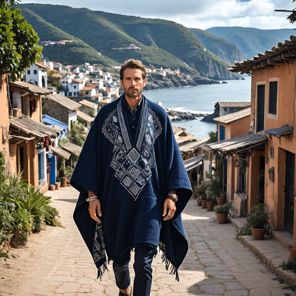 Stylish man in blue poncho in coastal village