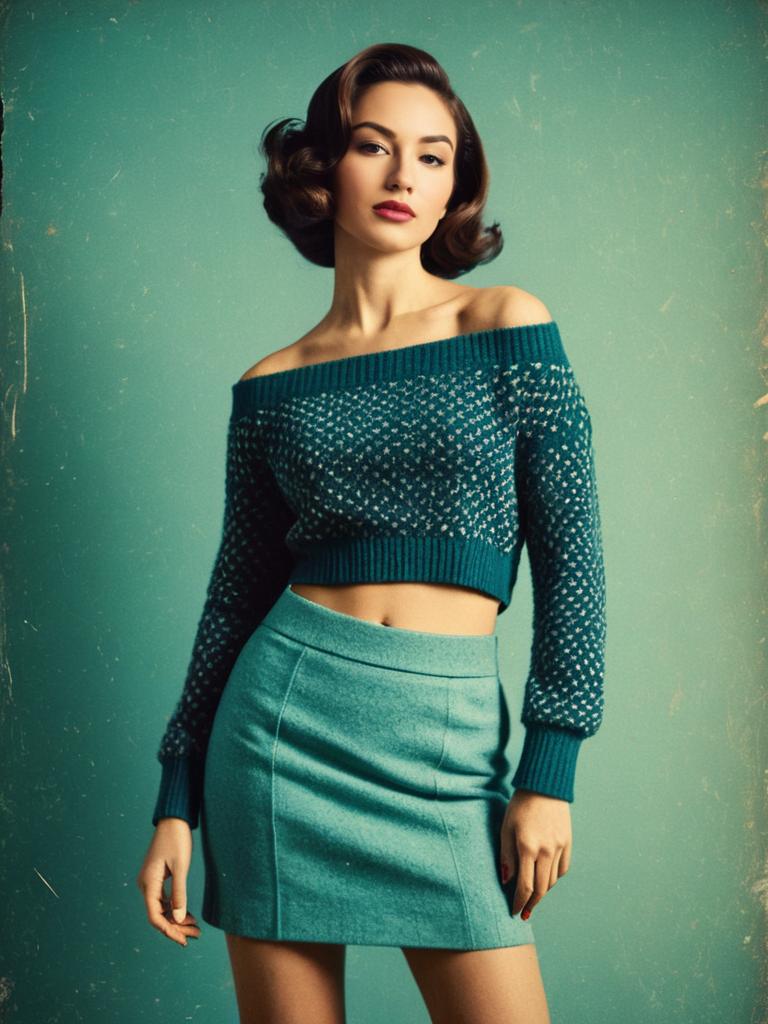 Retro Style Woman in Teal Off-Shoulder Sweater and Skirt