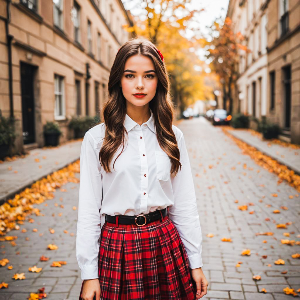 Stylish Woman on Cobblestone Street in Autumn