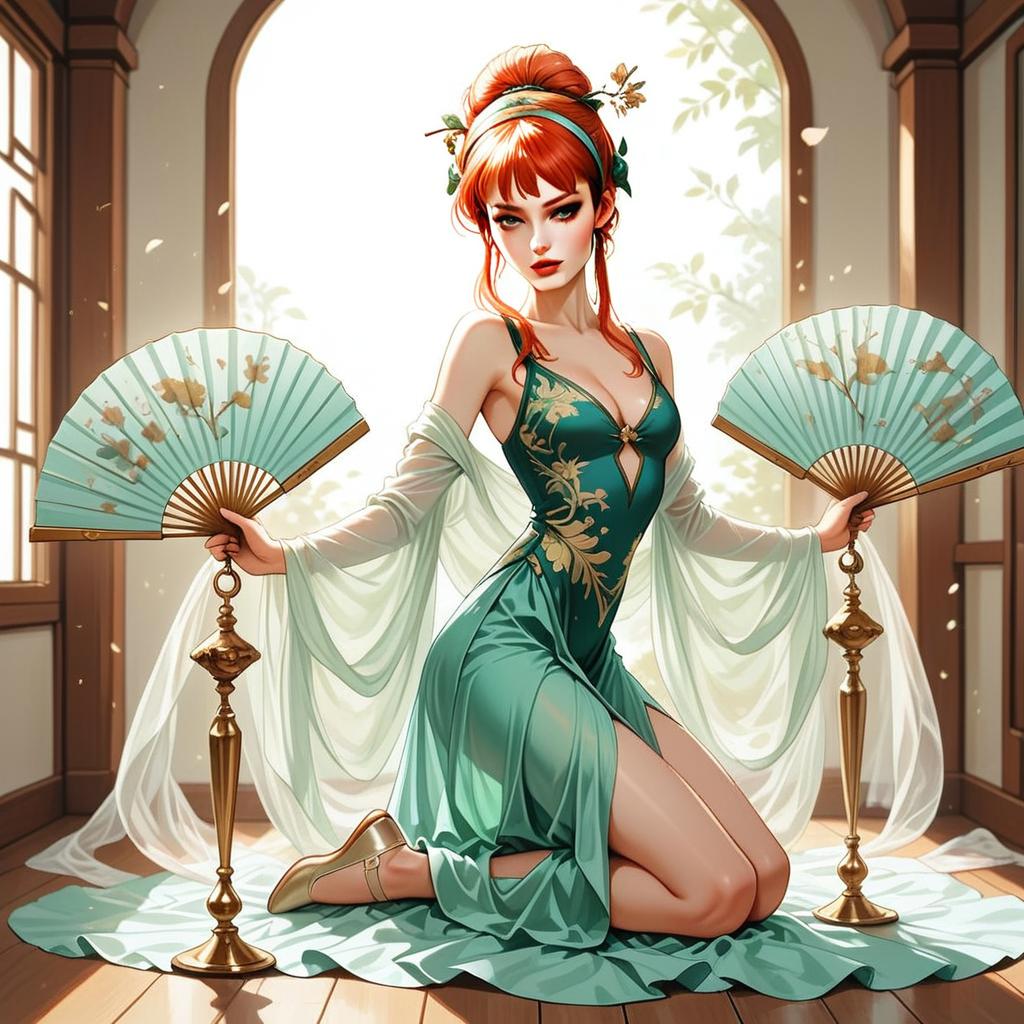 Graceful Woman with Red Hair in Elegant Green Dress