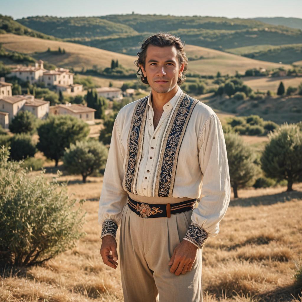 Man in Traditional Attire in Tuscan Landscape