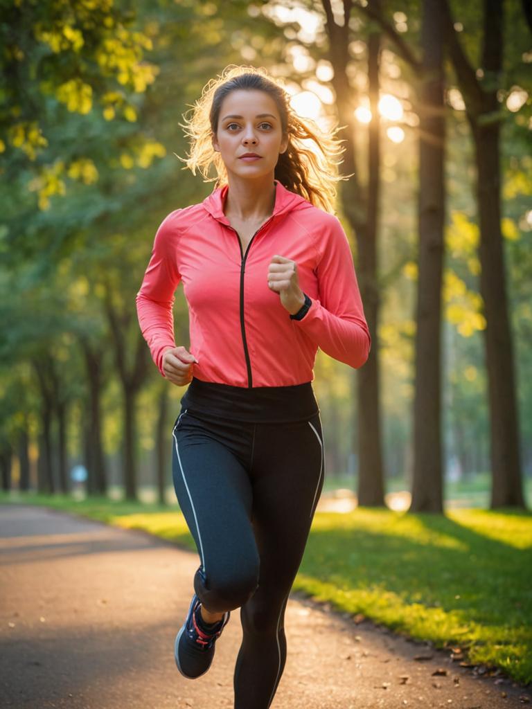 Woman Jogging in Park at Sunrise