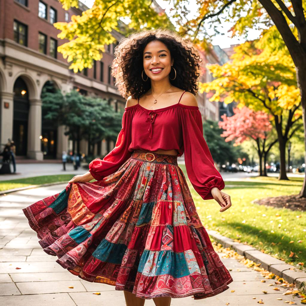 Joyful Woman in Colorful Skirt Amidst Autumn Leaves