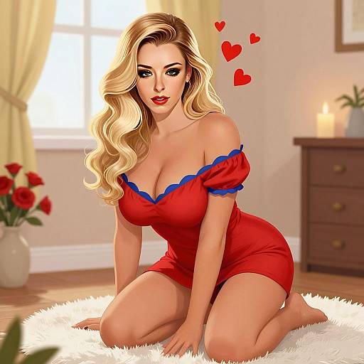 Glamorous Blonde Woman in Red Dress Digital Pin-Up Illustration
