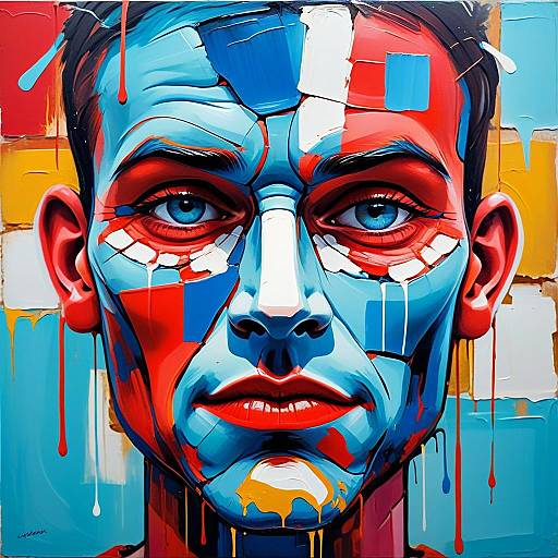 Abstract Colorful Man's Portrait with Blue Eyes in Modern Expressionism
